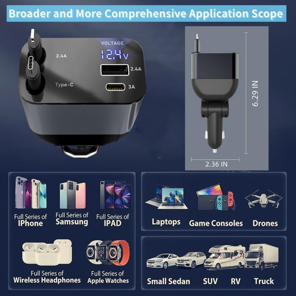Retractable Car Charger,Type C Fast Car Phone Charger with 120W Power, 2 USB Ports, and Retractable Cables. It’S Compatible with Iphone Models 15/14/13/12/11/Ipad and Galaxy Models S23/S22/S10