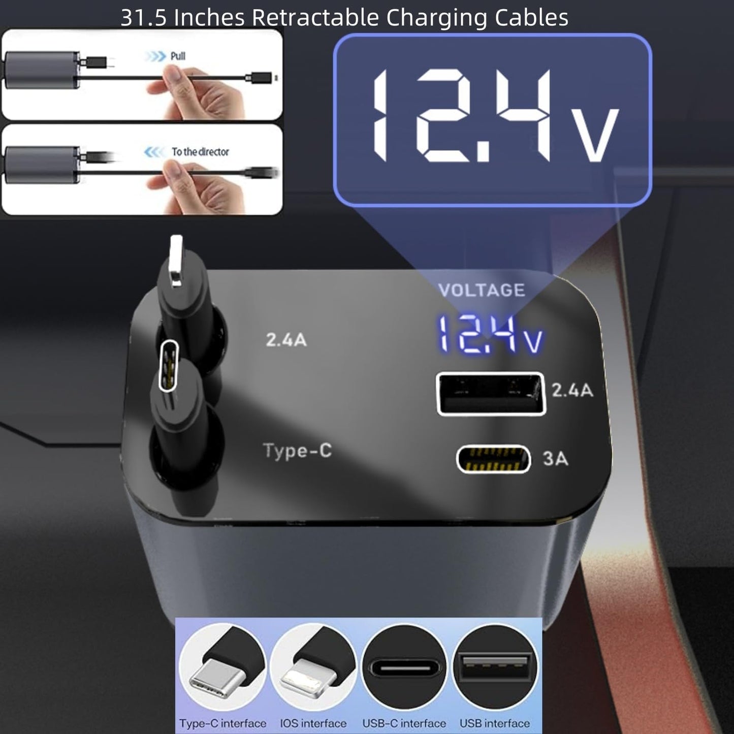 Retractable Car Charger,Type C Fast Car Phone Charger with 120W Power, 2 USB Ports, and Retractable Cables. It’S Compatible with Iphone Models 15/14/13/12/11/Ipad and Galaxy Models S23/S22/S10