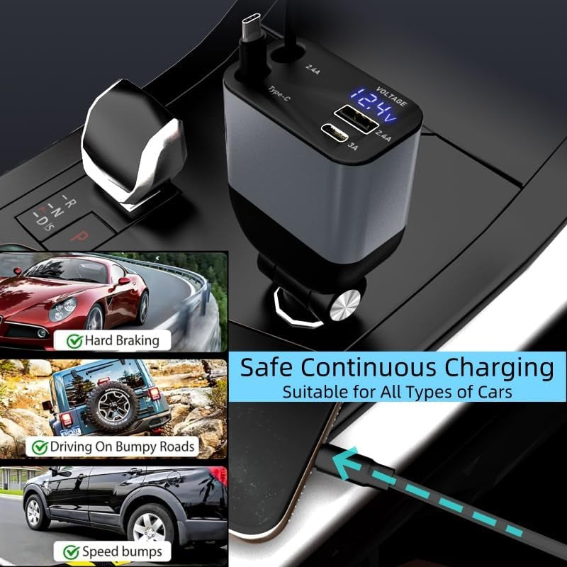 Retractable Car Charger,Type C Fast Car Phone Charger with 120W Power, 2 USB Ports, and Retractable Cables. It’S Compatible with Iphone Models 15/14/13/12/11/Ipad and Galaxy Models S23/S22/S10