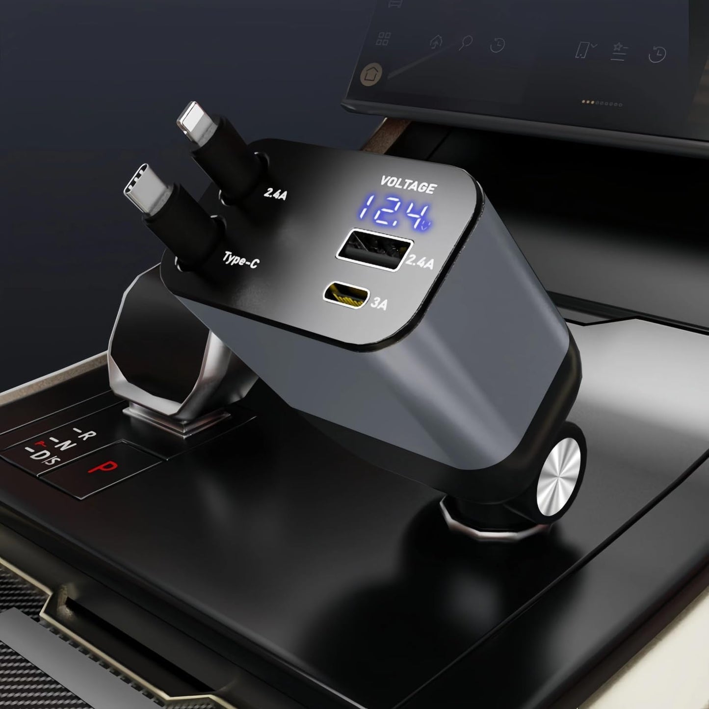 Retractable Car Charger,Type C Fast Car Phone Charger with 120W Power, 2 USB Ports, and Retractable Cables. It’S Compatible with Iphone Models 15/14/13/12/11/Ipad and Galaxy Models S23/S22/S10