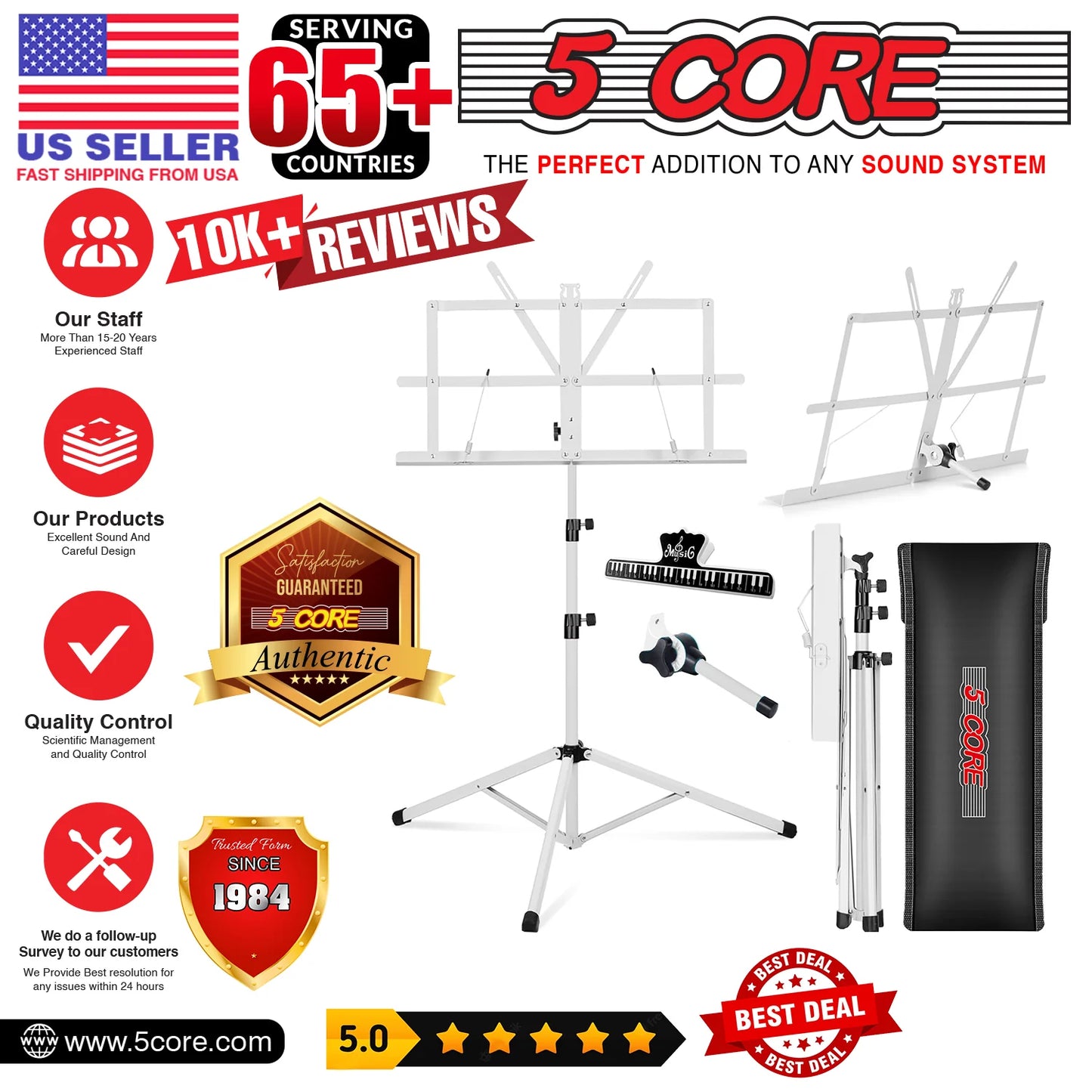 5Core Music Stand for Sheet Music Portable Tripod Adjustable Folding Note Holder WHITE