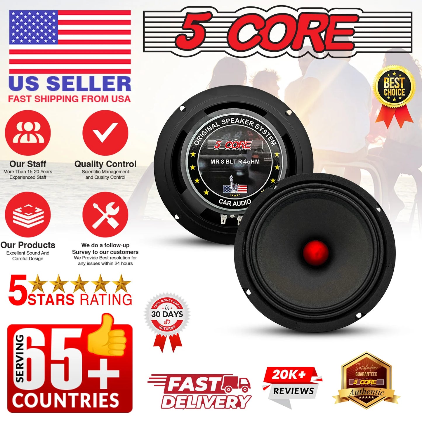 5Core 8 Inch Midrange Door Speaker 500W Subwoofer W Aluminum Bullet 4Ω Sub Woofer