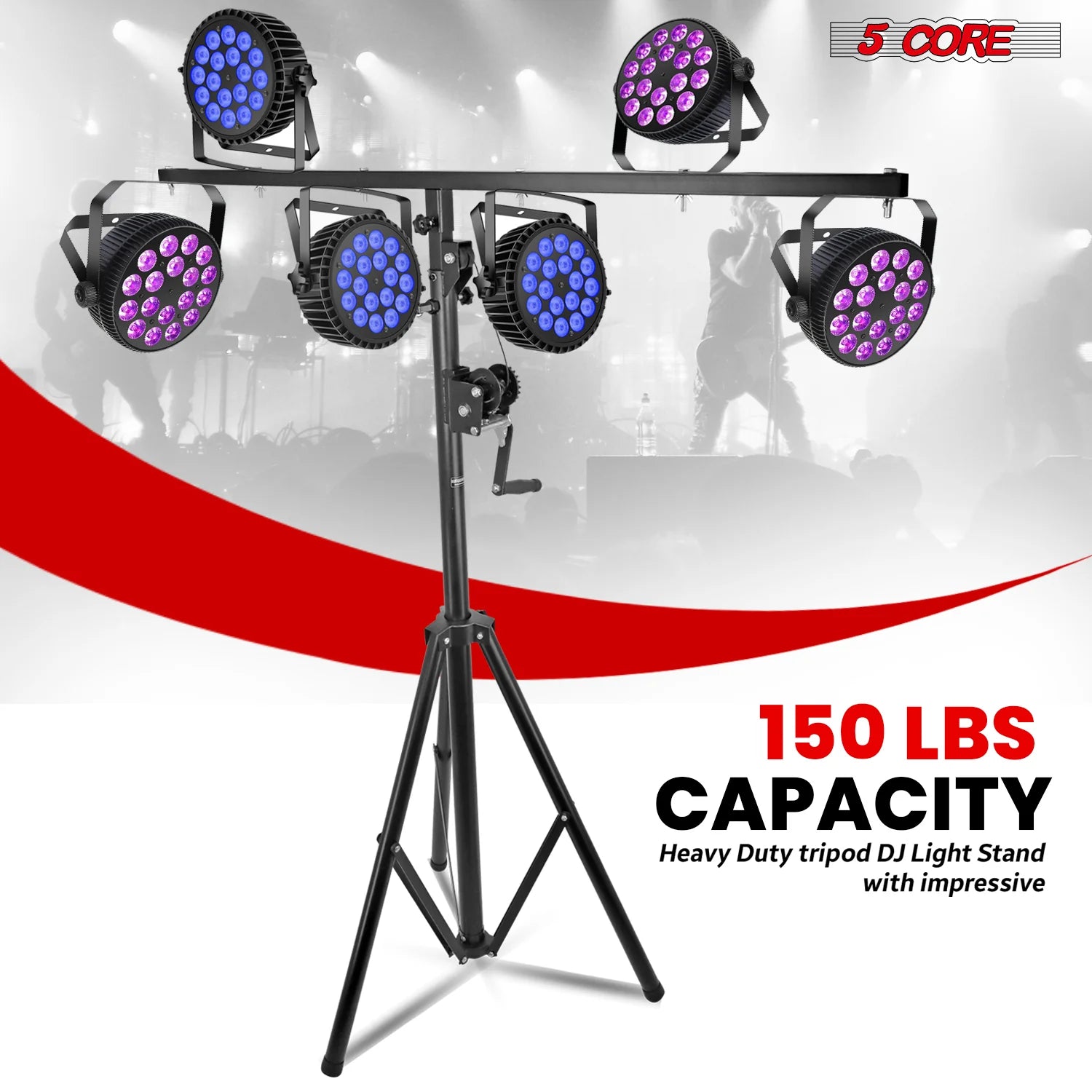 5Core DJ Light Stand Stage Lighting Truss System Hand Crank Heavy Duty Adjustable T Bar Mount Tripod