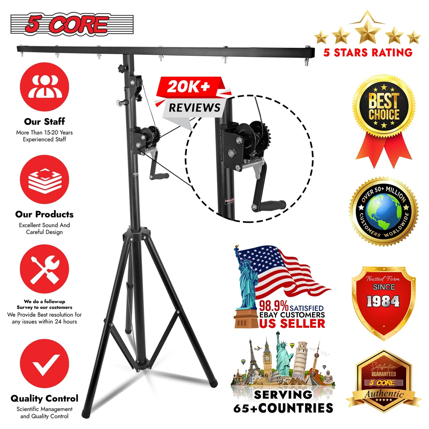 5Core DJ Light Stand Stage Lighting Truss System Hand Crank Heavy Duty Adjustable T Bar Mount Tripod