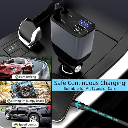 Retractable Car Charger,Type C Fast Car Phone Charger with 120W Power, 2 USB Ports, and Retractable Cables. It’S Compatible with Iphone Models 15/14/13/12/11/Ipad and Galaxy Models S23/S22/S10
