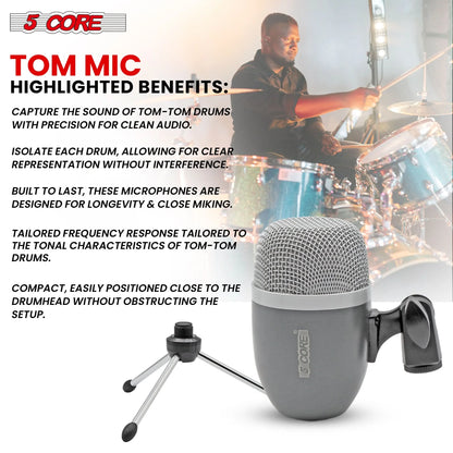 5Core Tom Snare Mic Cardioid Dynamic Microphone for Drum Kit Percussion Instrument GREY