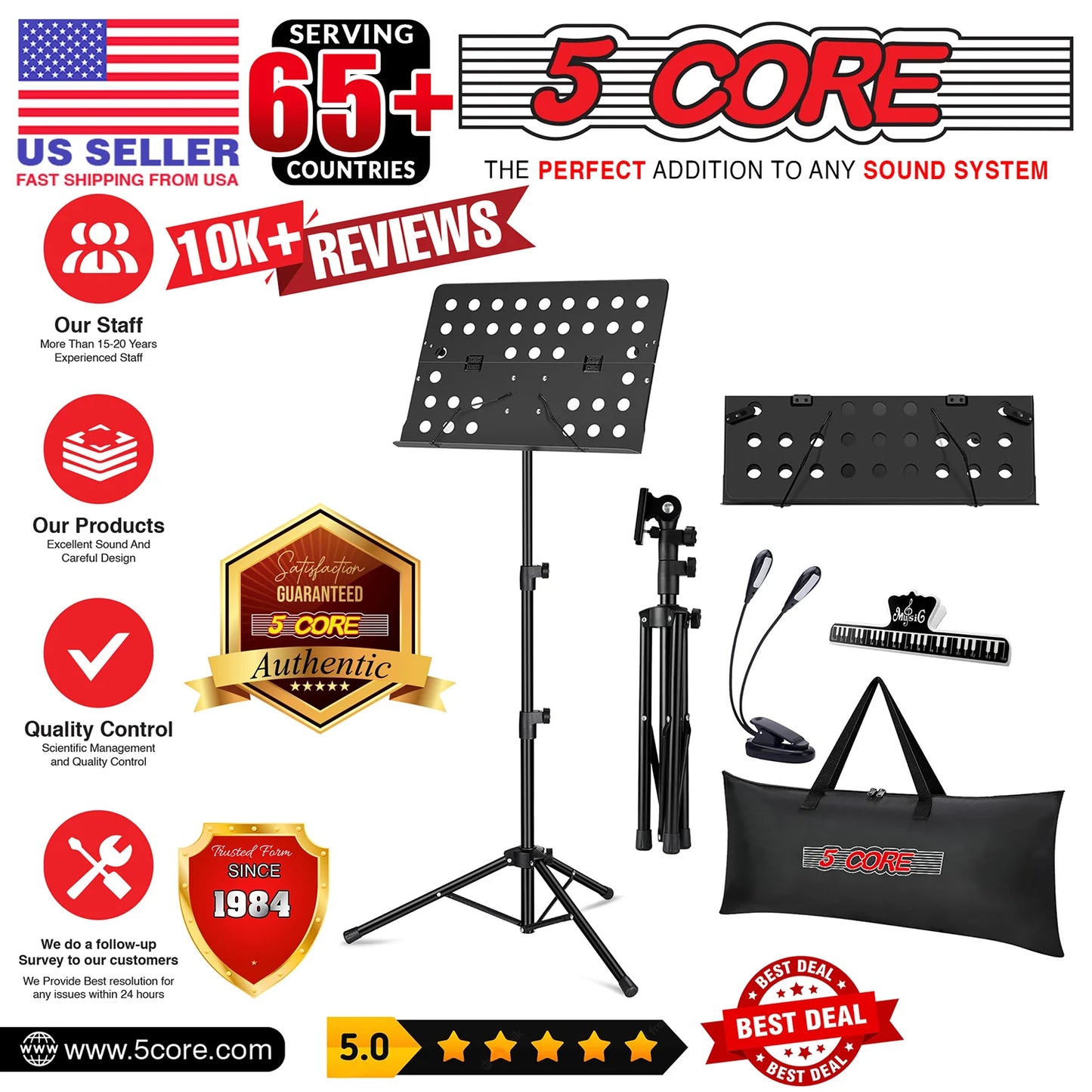 5Core Music Stand for Sheet Music Portable Tripod Adjustable Folding Note Holder BLACK