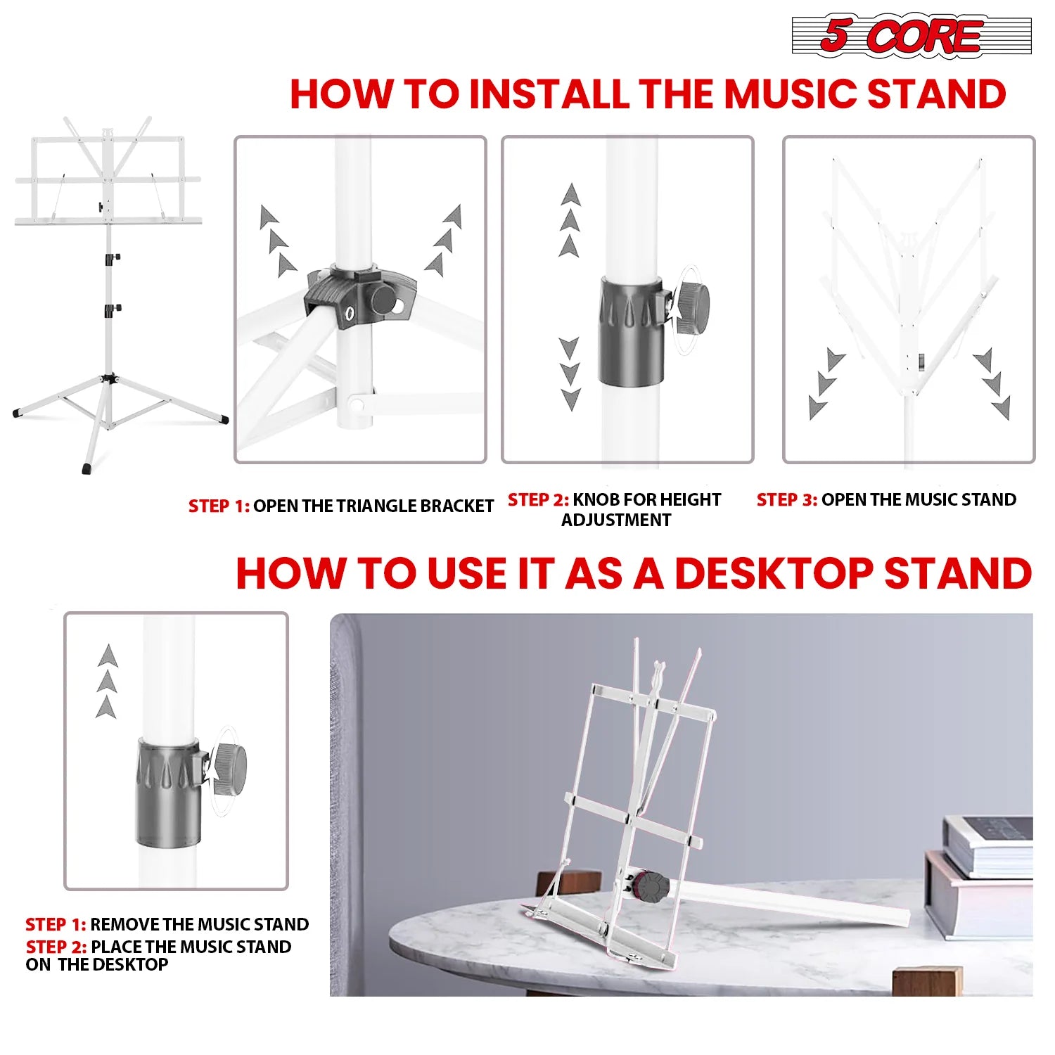 5Core Music Stand for Sheet Music Portable Tripod Adjustable Folding Note Holder WHITE