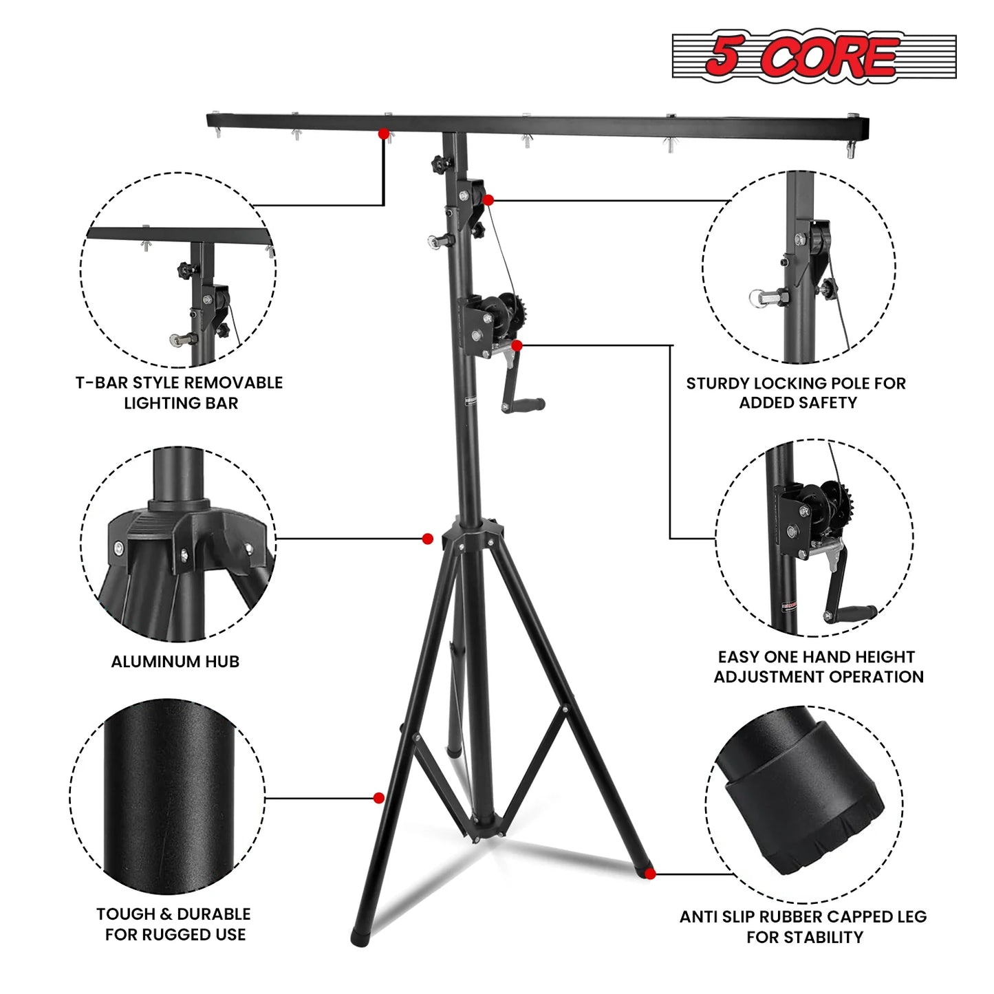 5Core DJ Light Stand Stage Lighting Truss System Hand Crank Heavy Duty Adjustable T Bar Mount Tripod