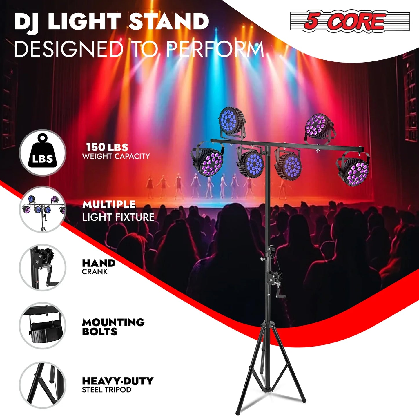 5Core DJ Light Stand Stage Lighting Truss System Hand Crank Heavy Duty Adjustable T Bar Mount Tripod