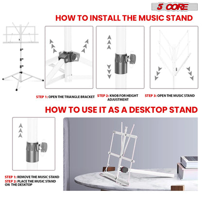 5Core Music Stand for Sheet Music Portable Tripod Adjustable Folding Note Holder with Light White