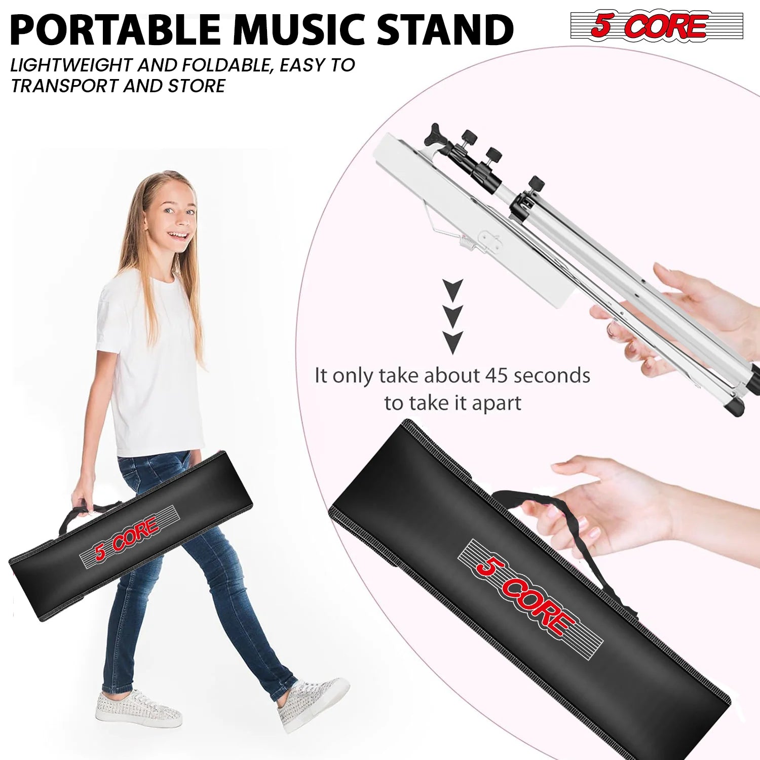 5Core Music Stand for Sheet Music Portable Tripod Adjustable Folding Note Holder WHITE