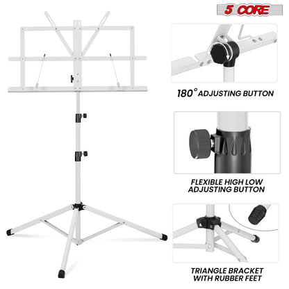 5Core Music Stand for Sheet Music Portable Tripod Adjustable Folding Note Holder WHITE